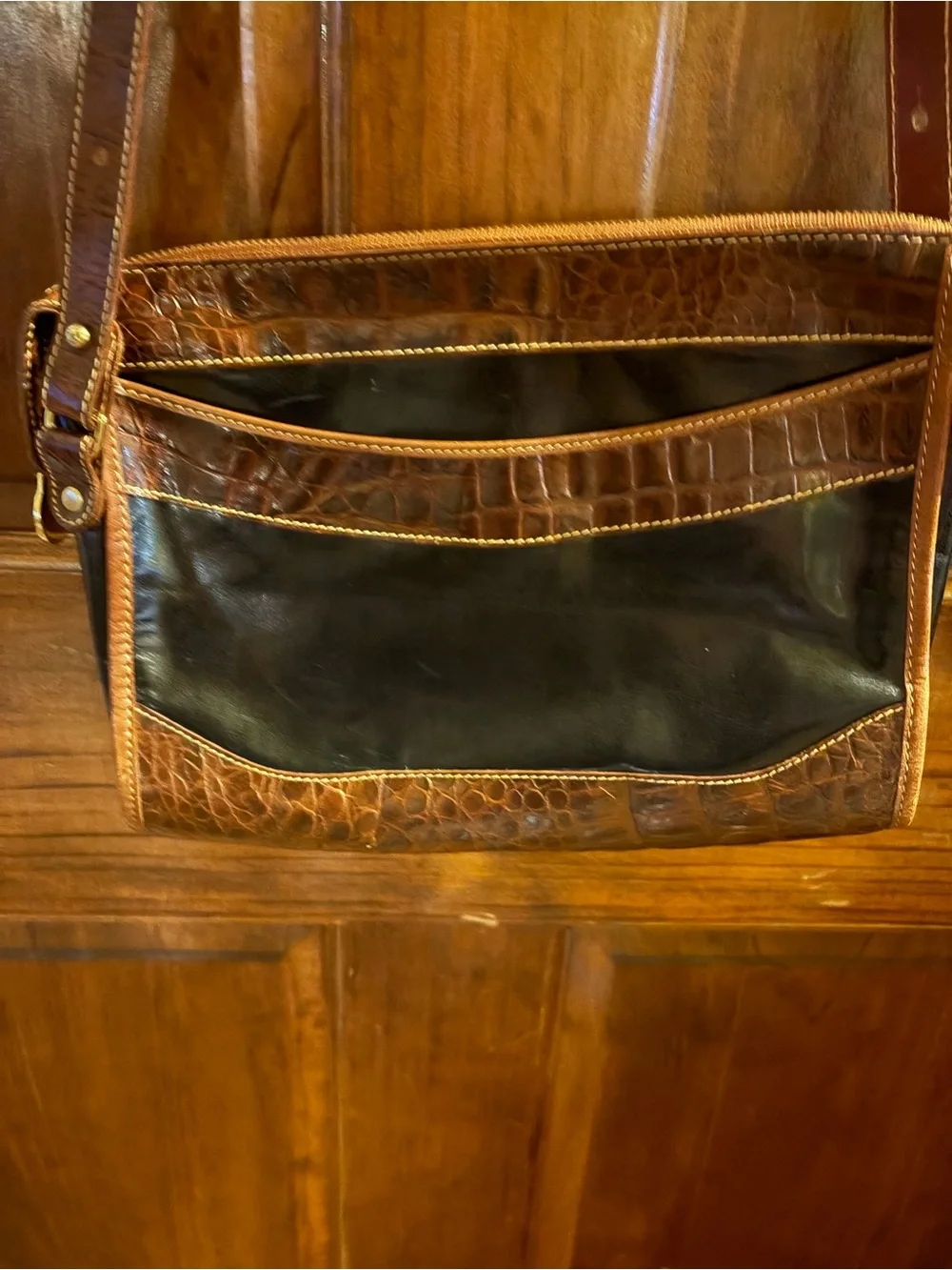 Brahmin Brown Croc-Embossed Leather Crossbody with Black Panel